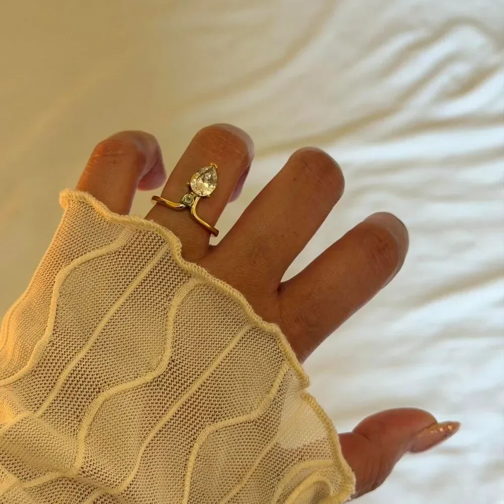 Gold Pear Cut Crystal Bypass Ring